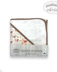 Hooded receiver blanket with floral pattern on a white background, branded 'Mother's Choice'.