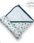 Baby blanket with vehicle pattern and green border on a white background, featuring 'Mother's Choice' branding.