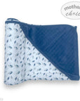 Baby blanket with blue and white pattern on a white background, featuring 'Mother's Choice' branding.