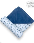 Blue baby blanket with paw print pattern on a white background, featuring 'mother's choice' branding.