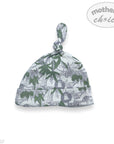 Baby hat with green leaf pattern on a white background, featuring 'mother's choice' branding.