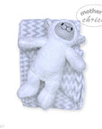 White plush bear toy with a quilted blanket on a white background, featuring 'Mother's Choice' branding.