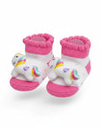 Pair of baby socks with unicorn design on a white background