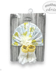Baby turban and booties set on a 'Mother's Choice' branded card with a white background.
