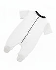 White baby onesie with black text on a white background