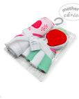 hooded towel and 4 washcloths and wash sponge strawberry