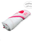 hooded towel and 4 washcloths and wash sponge strawberry