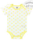 White baby onesie with yellow polka dots and trim on a white background, featuring 'Mother's Choice' branding.
