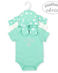 Mint green baby outfit with matching hat, romper, and booties on a hanger with 'Mother's Choice' branding.