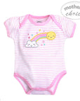 Baby onesie with rainbow and cloud design on a white background