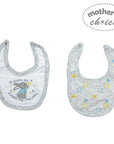 Two baby bibs with star patterns on a white background, branded 'Mother's Choice'.