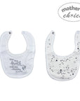 Two baby bibs with text and star patterns on a white background, branded 'Mother's Choice'.