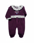 Purple baby outfit with floral details on a white background