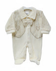 Baby outfit with jacket and bow tie on a white background