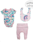 Baby outfit set with bodysuit, bib, and pants on a white background, featuring 'Mother's Choice' branding.