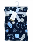 Navy blue blanket with space-themed pattern on a white background