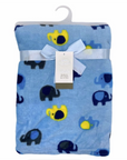 Blue baby blanket with elephant pattern on a white background