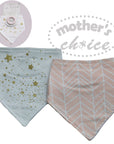 Two baby bibs with star and chevron patterns on a white background, branded 'Mother's Choice'.