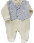 Baby onesie with gray vest and bow tie on a white background