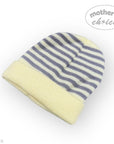 Yellow and gray striped baby hat on a white background with 'Mother's Choice' branding.