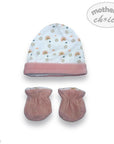 Baby hat and mittens set with 'Mother's Choice' branding on a white background