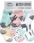 Set of six pairs of baby socks with animal designs on a white background, featuring 'Mother's Choice' branding.