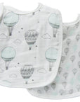 Two baby bibs with hot air balloon pattern on a white background