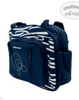 Navy blue backpack with zebra pattern on a white background, featuring 'mother's choice' branding.
