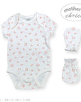 Baby bodysuit with floral pattern and matching hat and mittens on a white background, featuring 'Mother's Choice' branding.