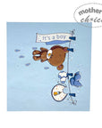 Baby shower card with teddy bear and 'It's a boy' banner on a light blue background