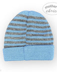 Blue and gray striped knit baby hat on a white background with 'Mother's Choice' branding.