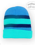 Blue and green striped beanie on a white background with 'mother's choice' branding.