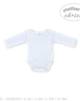 White baby bodysuit with long sleeves on a white background, featuring 'Mother's Choice' branding.