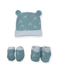 Baby hat and booties set with geometric pattern on a white background