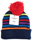 Colorful striped beanie with a red pom-pom on a white background
