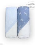 Two baby blankets with blue and white patterns on a white background, branded 'Mother's Choice'.