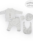Baby clothing set with shirt, pants, bib, and hat on a white background with 'Mother's Choice' branding.