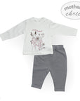 Baby outfit with white long-sleeve shirt and gray pants on a white background, featuring 'mother's choice' branding.