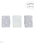 Three gray baby blankets with white leaf patterns on a white background, featuring 'Mother's Choice' branding.