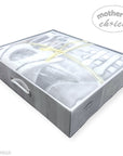 Gray storage box with clear lid containing white baby clothes, branded 'Mother's Choice'.