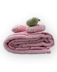 M/C SUPER SOFT CORAL FLEECE WITH PRINTED MINK BINDING BLANKET AND PILLOW SET GIRL'S PINK BEAR