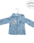 Blue children's jacket with a pattern on a hanger against a white background, featuring 'mother's choice' branding.