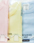 Four long-sleeve vests in pink, yellow, blue, and green packaging.