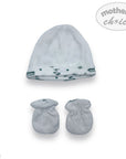 Baby hat and mittens set with 'Mother's Choice' branding on a white background