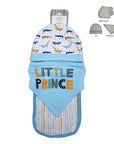 Baby swaddle with 'Little Prince' text, hat, and bib on a white background