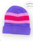 Purple and pink striped beanie on a white background with 'Mother's Choice' branding.