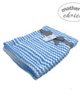Blue and white checkered blanket with gray trim on a white background, branded 'Mother's Choice'.