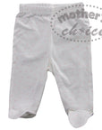 White baby pants with pink polka dots on a white background, featuring 'mother's choice' branding.