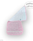Baby bib with pink and white design on a white background, featuring 'mother's choice' branding.