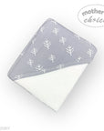 Gray baby blanket with white tree pattern on a white background, branded 'Mother's Choice'.